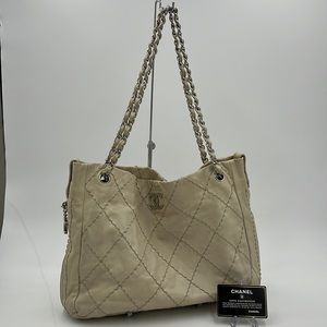 Authentic Chanel Beige Leather Tote with Chain Strap